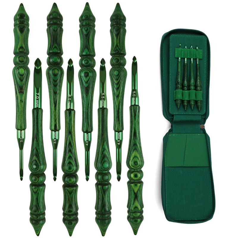 Wooden Crochet Hooks Ergonomic Handle - 8개 세트, 3.0~7.0mm 크로셰 바늘, 녹색